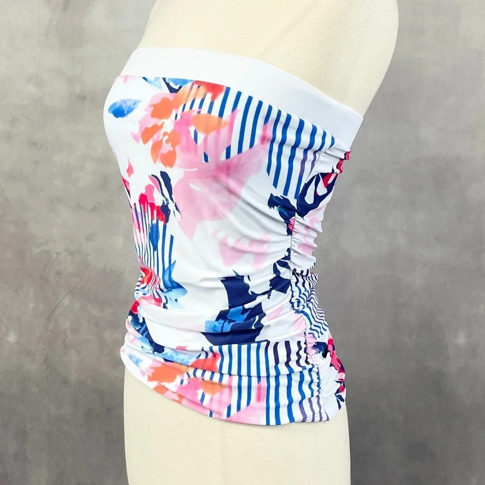 Floral Striped Tube Top Womens‎ Small Stretch Ruched Y2K Indie Tropical Resort